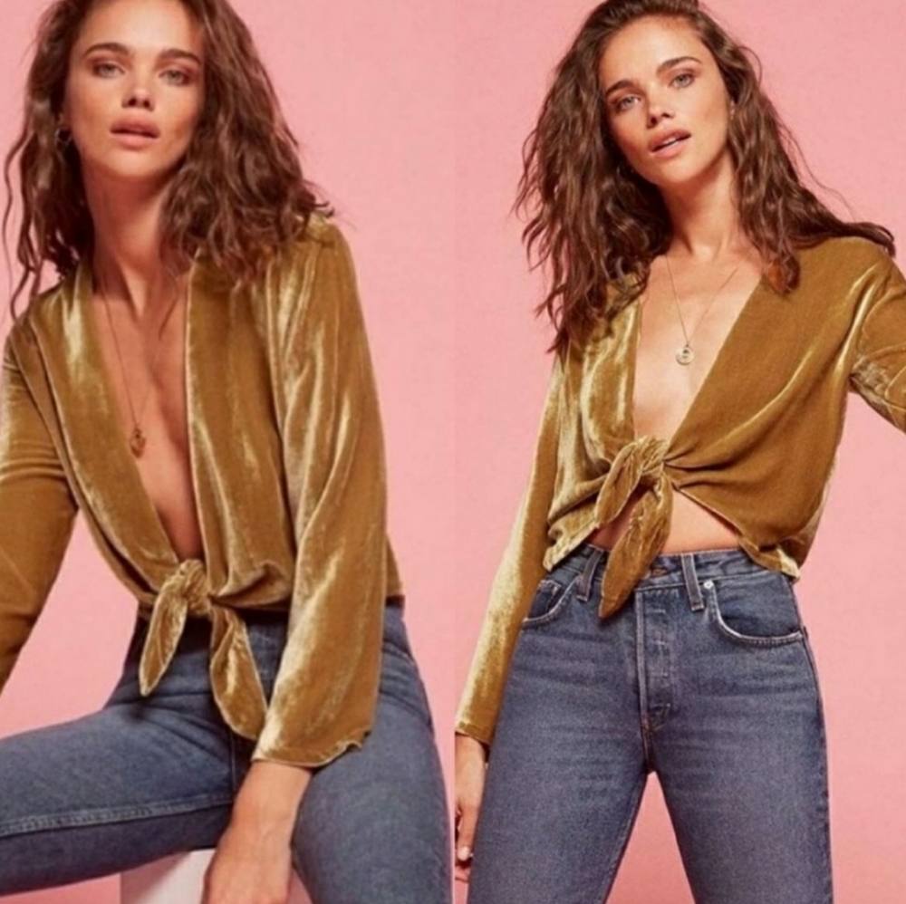 REFORMATION Velvet Tie Front Top